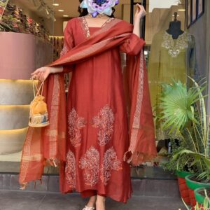 Premium pure cotton suit set with elegant print and classic work. Comfortable for daily and festive wear.